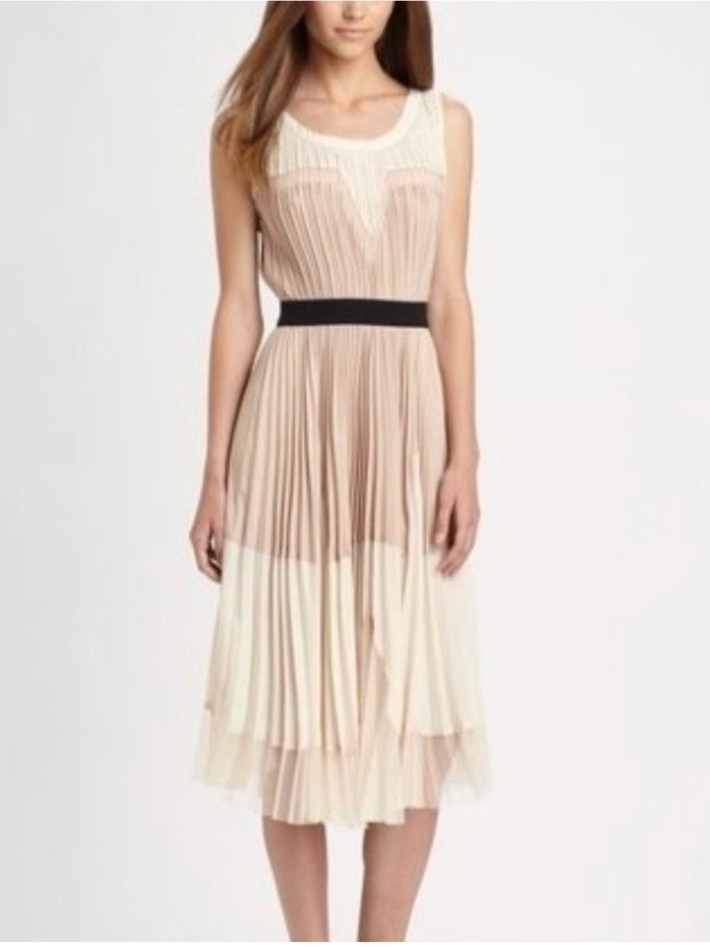 Sleeveless Pleated Midi Dress in Beige and Cream with Black Waist